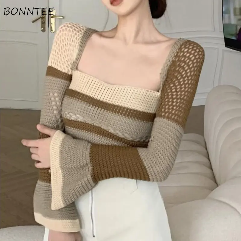 

Knitted Pullovers Women Striped Cropped Clothes Flare Sleeve Slim Temper Korean Fashion Hollow Out Panelled Sexy Свитер Женский