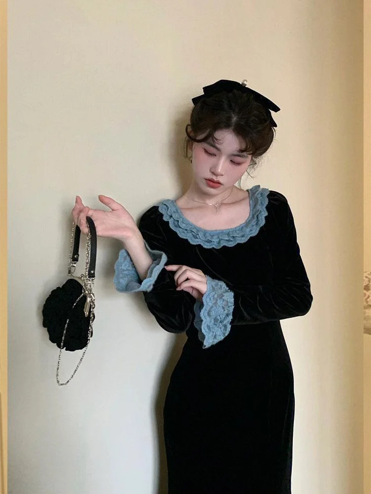 

Женское модное платье больших размеров в стиле ретро с кружевной отделкой и бархатным дизайном, средней длины, с длинными рукавами, для повседневной носки