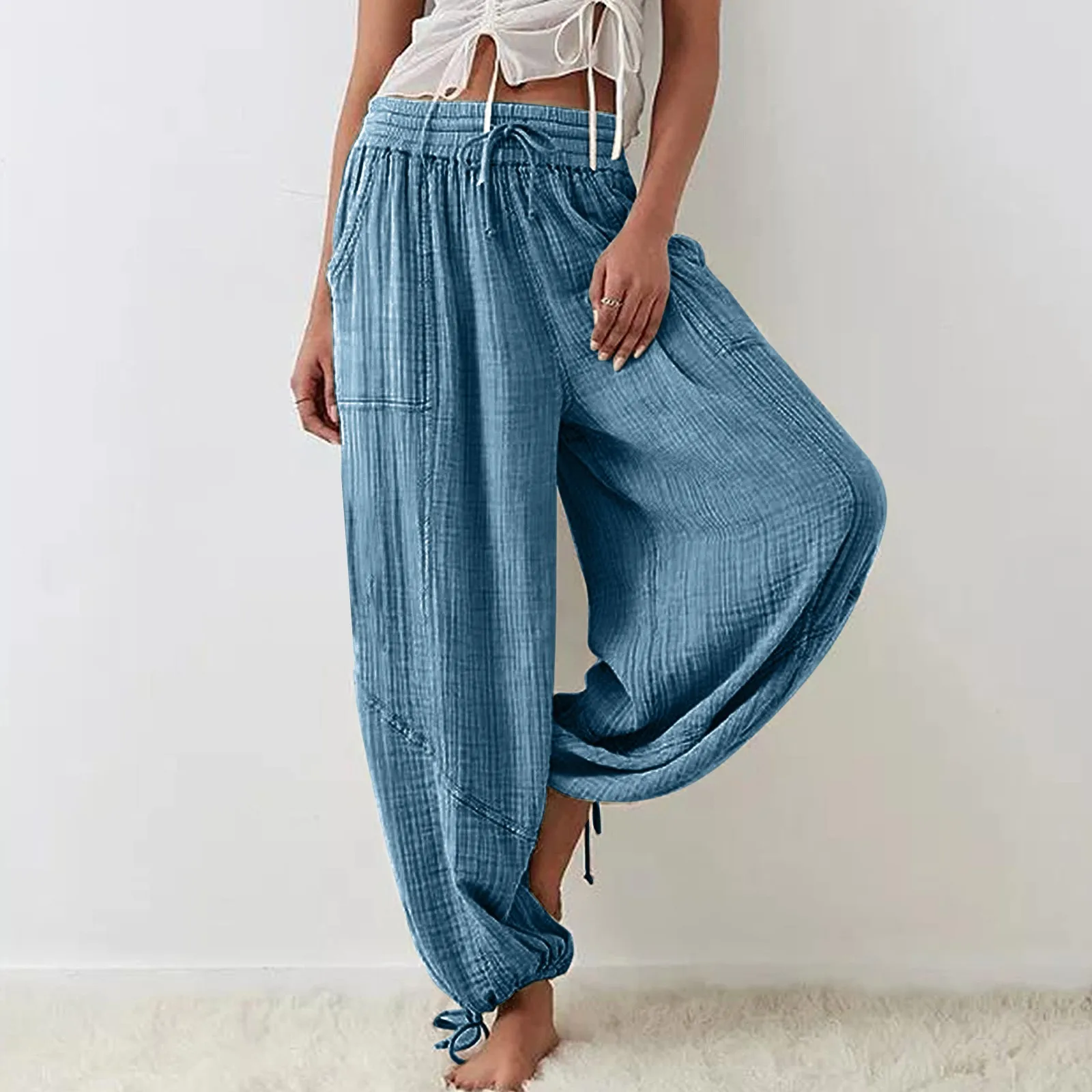 

Women Harem Pants Summer Casual Vintage Cotton Linen Pants Elastic Waist Wide Leg Retro Loose Pockets Female Mom Trousers 2023