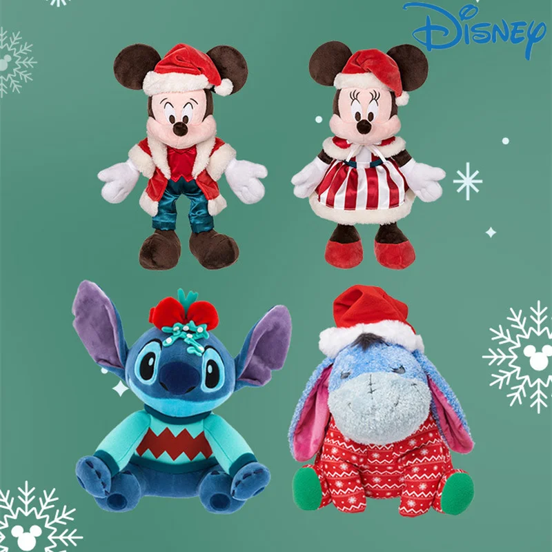 Genuine Disney Christmas Series Mickey Minnie Stitch Ear Plush Doll Kawaii Soft Stuffed Throw Pillow Kids Toy Birthday Xmas Gift