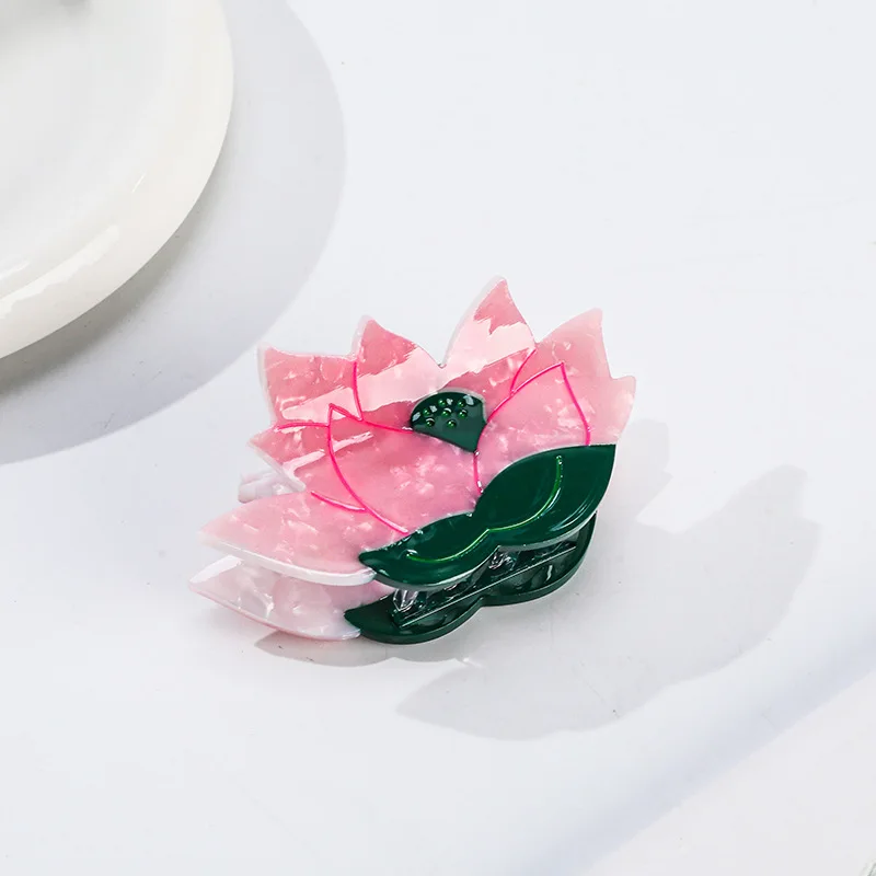 HANGZHI Green Lotus Leaf Pink Flower Grab Clip Korean Vintage Elegant Hair Accessories for Women Girls Daily Commuter Headwear