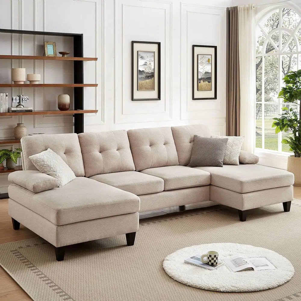 

Couch for Living Room, Modern Linen Fibre U Shaped Sofa Couches with Double Chaise, Upholstered 4 Seater Sofa for Living Room,