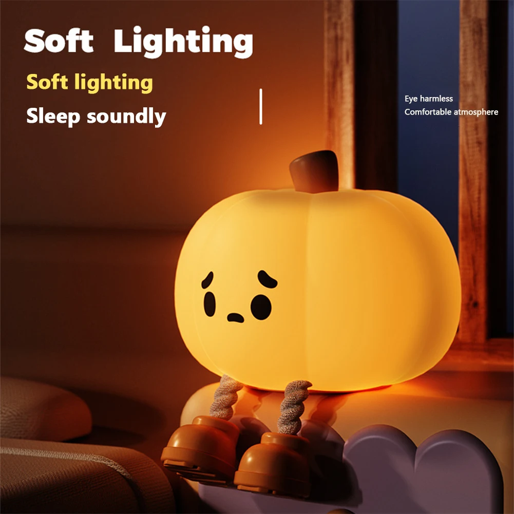 Kids Cute Silicone Pumpkin Night Light Rechargeable Nursery Pumpkin Nightlight Dimmable Touch Lamp With Timer For Bedroom Decor