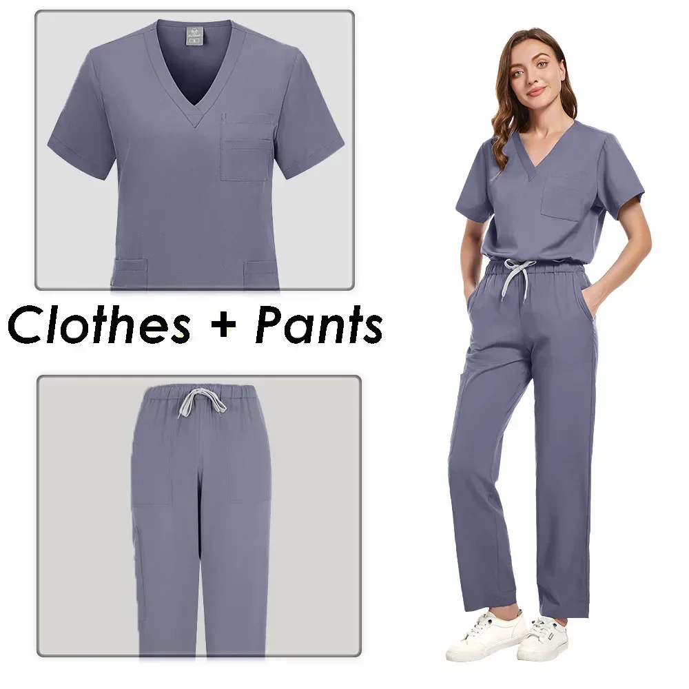 Top unissex com conjunto de calças de bolso e cordão, uniforme médico para médicos, sala de operação, uniforme médico feminino, fosco, 2 peças