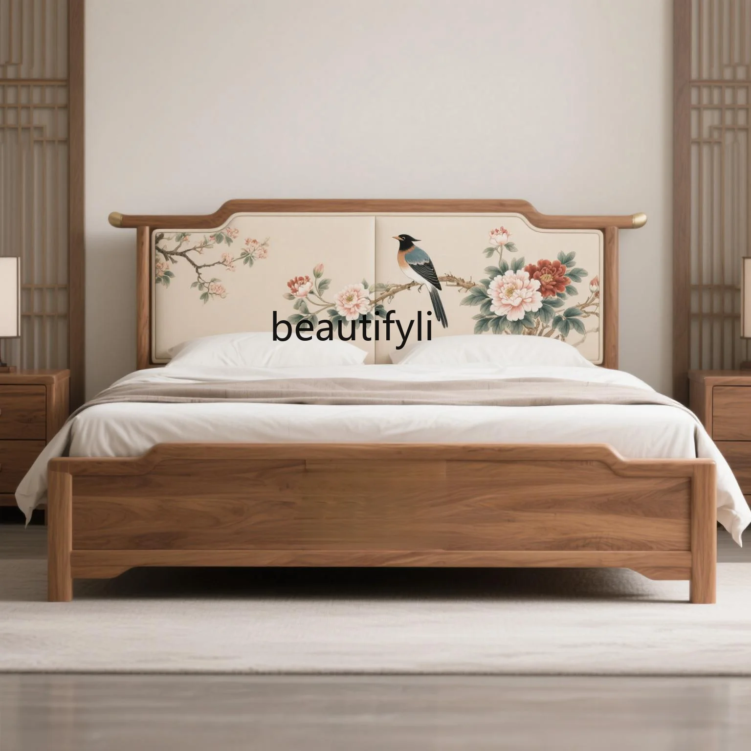 

Double Bed Vintage Style Solid Wood Bed Master Bedroom Modern Chinese Zen High-end Bed
