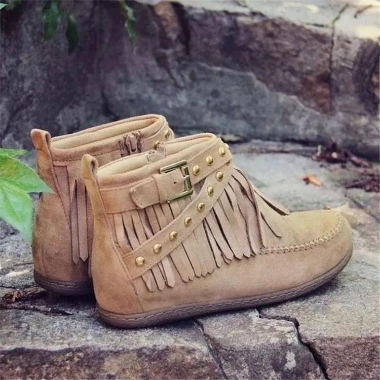 2025 New Vintage Women Boots Suede Ankle Boots Fringe Women Shoes Winter Boots Women Side Zipper Casual Shoes Ladies Snow Boot