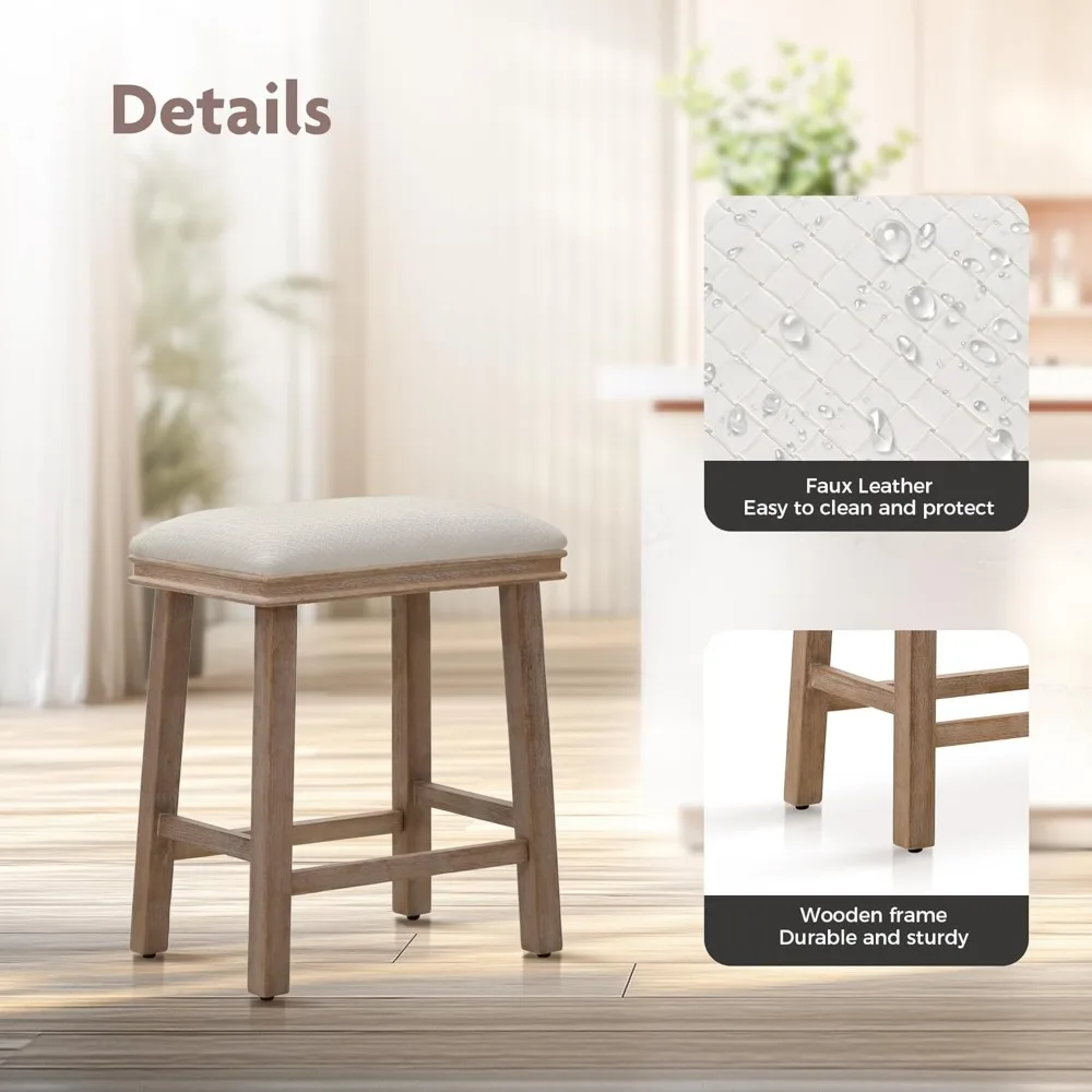 24" Bar Stools Set of 4, Solid Wood Kitchen Stools with PU Leather Cushion Counter Height Bar Stools for Indoor