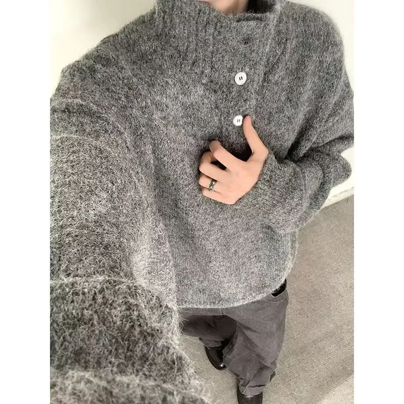 

Korean Sle Lazy Knitted Sweater Jaet Men's Loose Fit f High Collar Heavyweight Casual Faion Warm Thi Winter Coat