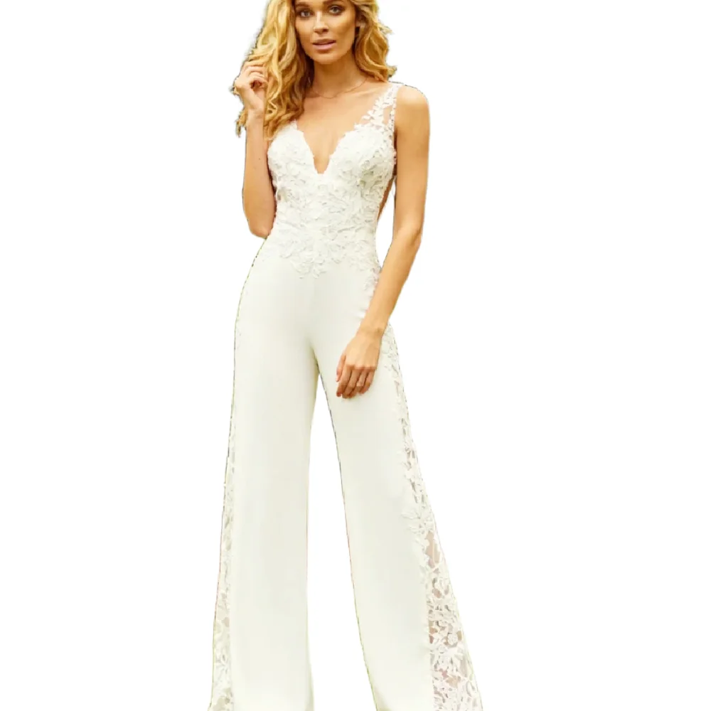 Rustic Boho Jumpsuit Wedding Dress 2026 Deep V Neck Lace Civil Bridal Dresses Sexy Backless Satin Garden Beach Robe Mariage Chic