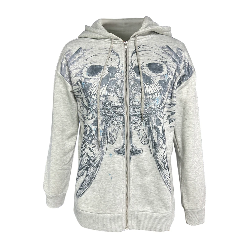 

Skull Sweatshirt for Women Cybercore Graphic Print Zip Up Long Sleeve Tops Gothic Punk Clothes y2k Aesthetic Hoodie Streetwear