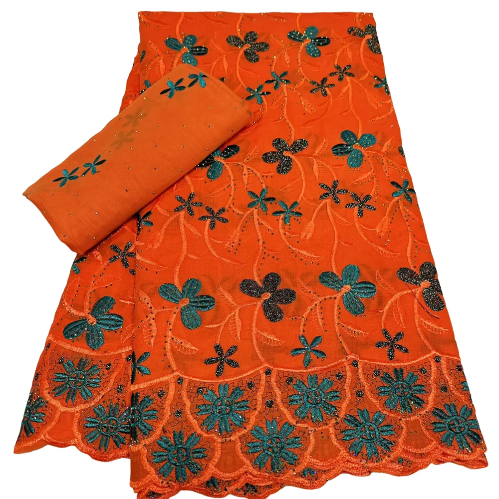 Hot Sale 5+2 Yards 2026 High Quality Stones Cotton Nigerian French African Lace Fabric Swiss Voile Lace Fabric For Women Dresses