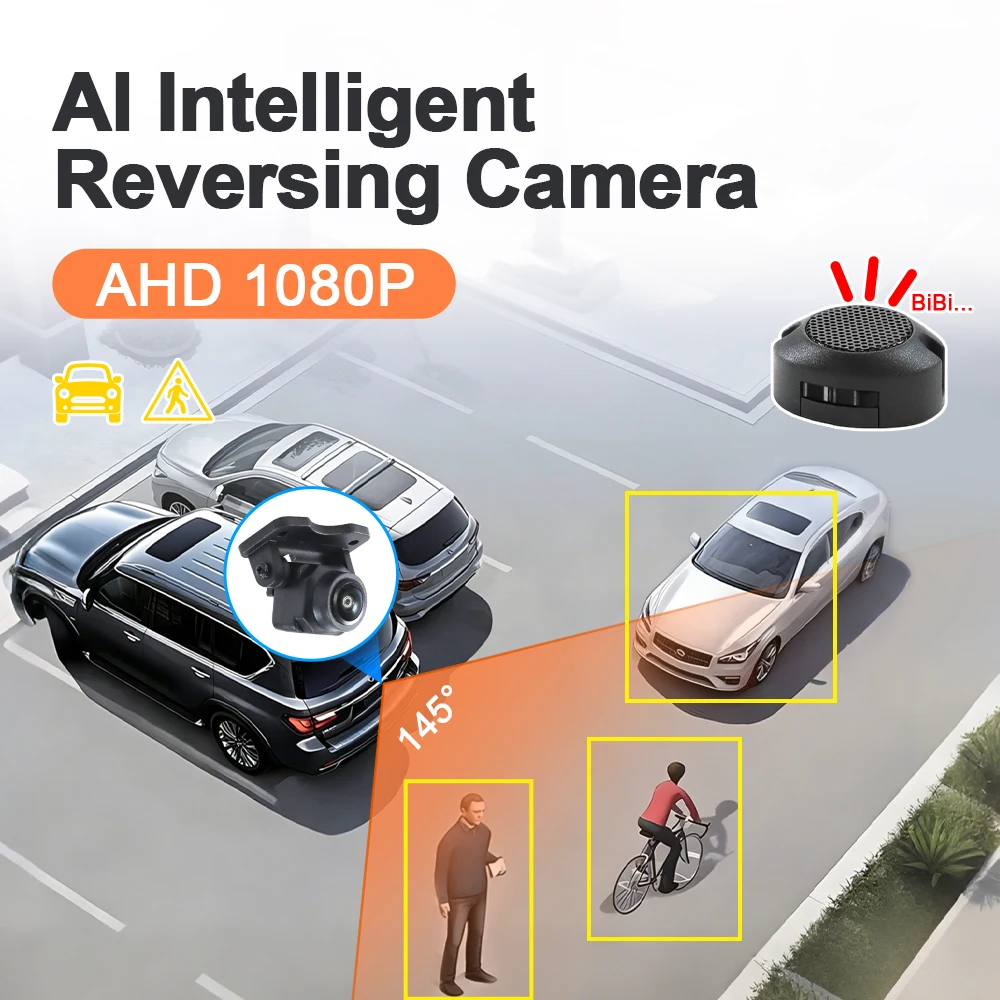 Carsanbo AI Smart Backup Camera AHD 1080P 145° Fisheye Lens Car Reversing Camera with Intelligent Recognition Sound Reminder