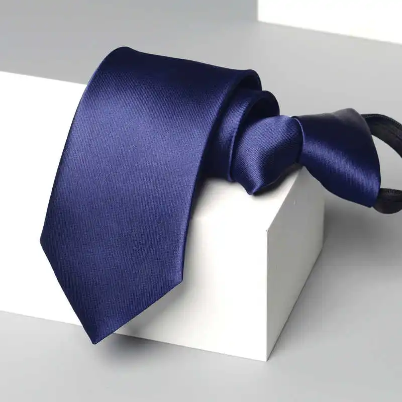 

High Quality Dark Blue Smooth Tie Fashionable Men's Narrow Version 7cm Business Work Shirt Accessories Convenient Zipper Necktie