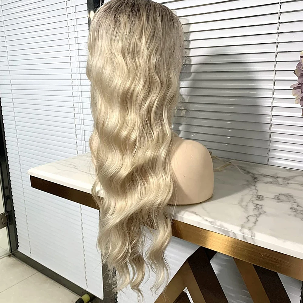 Premium Synthetische Vezel Blonde Ombre Full Dikke Body Wave Natuurlijke Haarlijn Verstelbare Kant Voorkant Pruik Synthetisch Hittevriendelijk