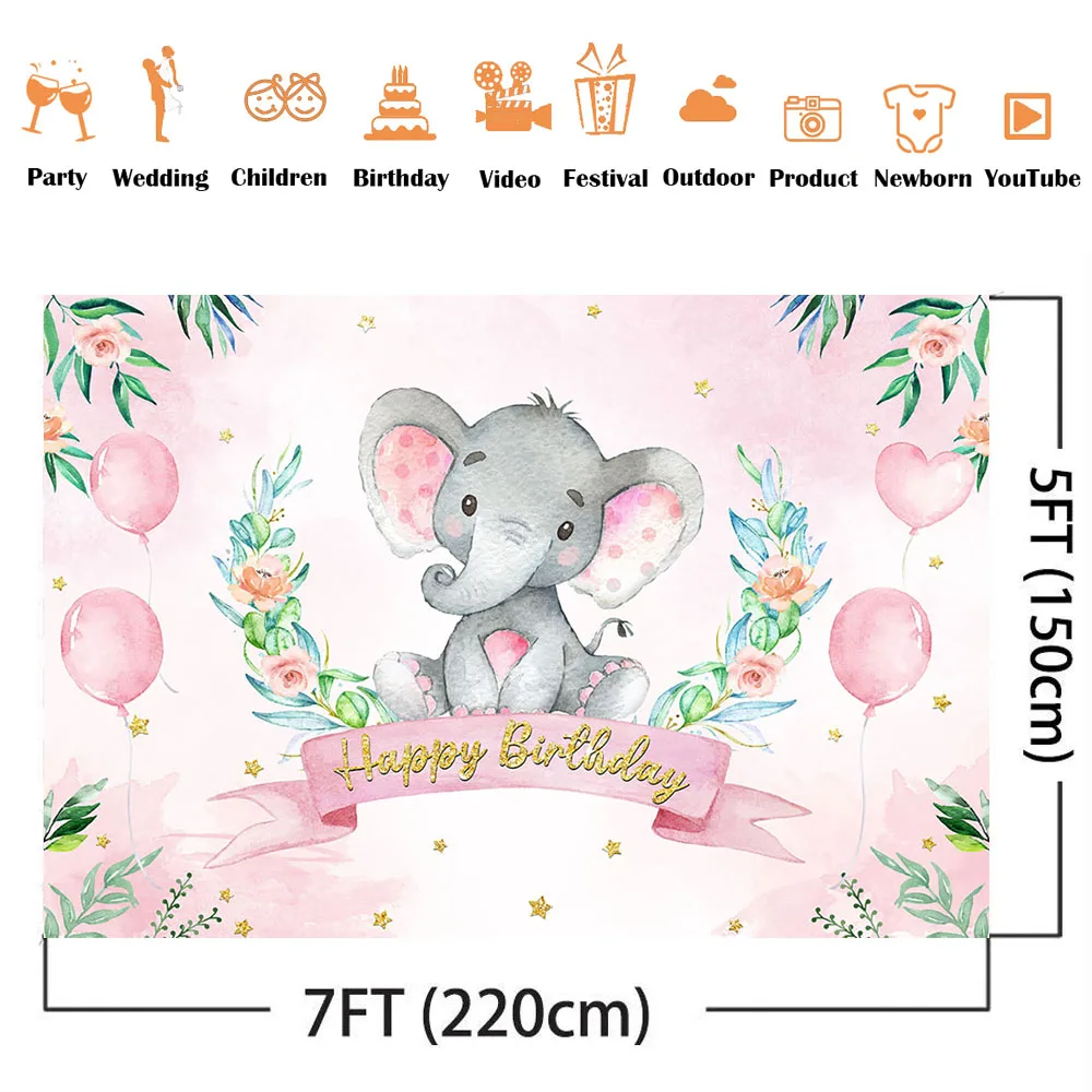 Toile de fond d'éléphant rose pour la décoration de fête à thème joyeux anniversaire, ballons roses, paillettes dorées, points brillants, accessoires de fond photo