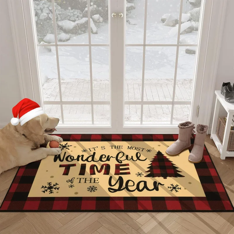 Merry Christmas Retro Winter Red Black Grid By Mat Anti slip Floor Mat 61X90cm