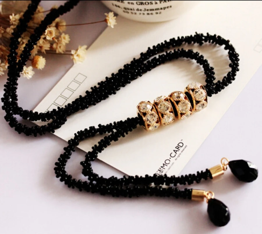 European and American black long chain crystal pendant necklace sweater chain temperament female fashion necklace jewelry