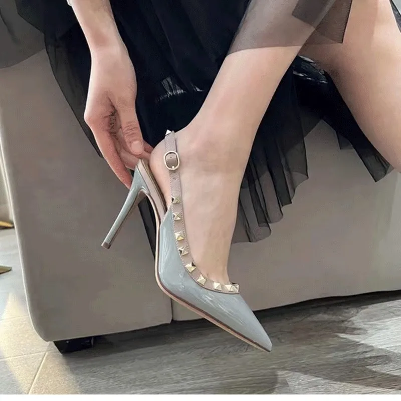 Spring/Summer 2023 Fashion Pointed Metal Rivet High Heel Shoes with Multi Color Luxury Leather Slim Pumps Sandals For Women33-41