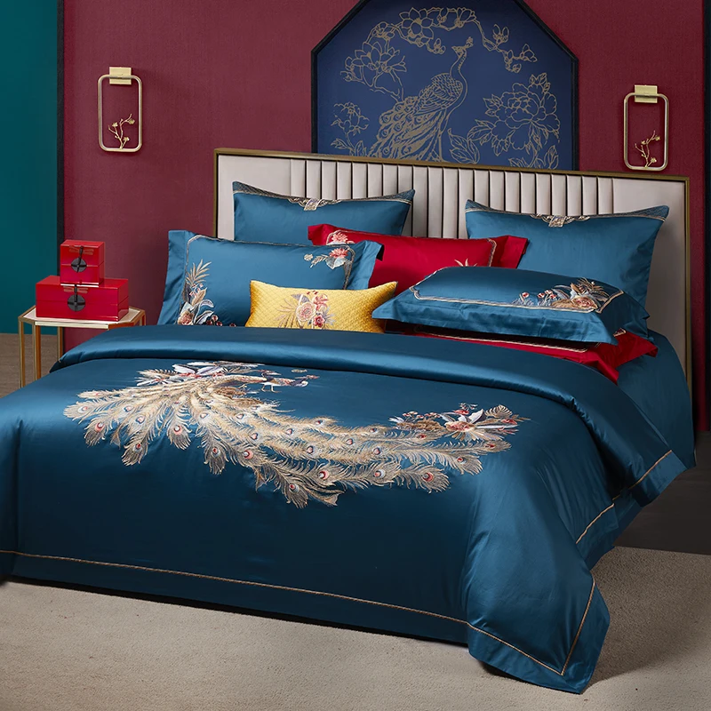 1400TC Egyptian Cotton Luxury Chinese Style Peacock Embroidery Bedding Set Duvet Cover Bed Sheet/Fitted Sheet Pillowcases 4Pcs