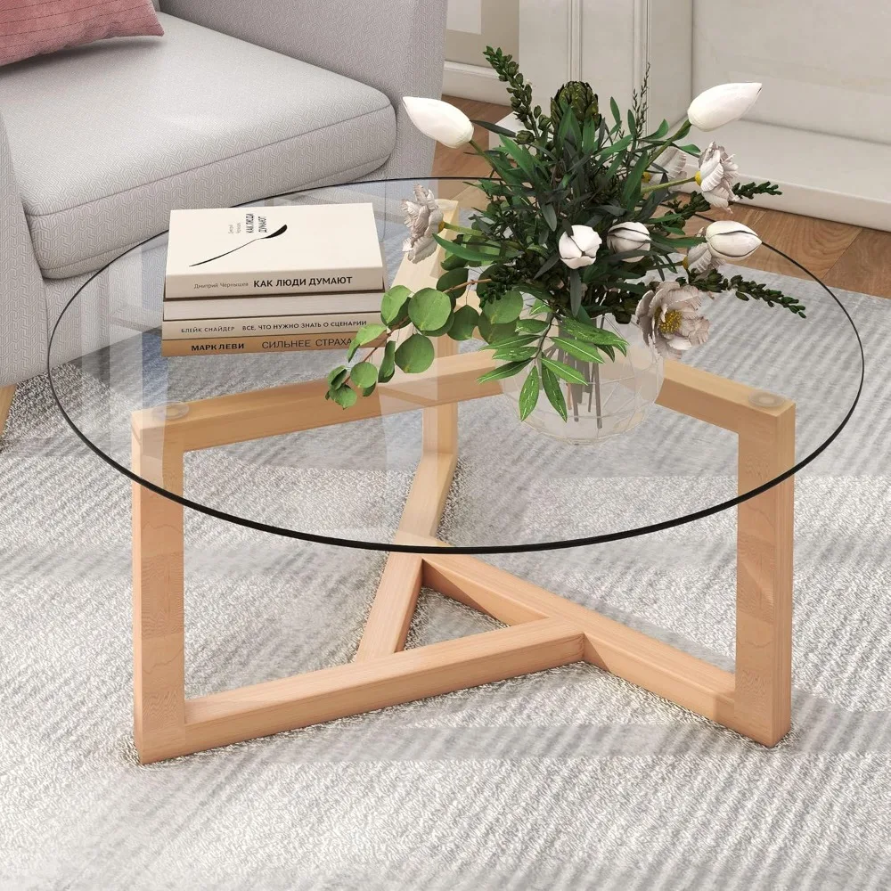 Modern Coffee Table with Storage for Living Room, Including Toptable & Sturdy Wood/Metal Base, Round w/Glass Top, Natural