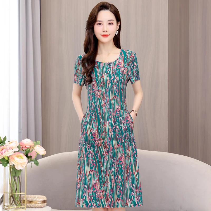 Elegant Casual Midi Dresses for Women 2023 New Short Sleeve Middle-aged Women's Summer Sundresses High Quality Korean Dresses