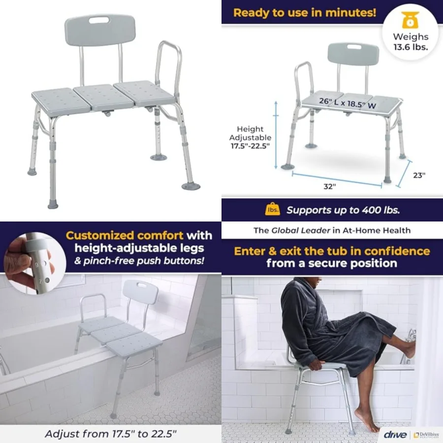 

Drive Medical Tub Transfer Bench for Bathtub - Safer, Independent Bathing Aid - Height Adjustable Bench - Sturdy Aluminum Const