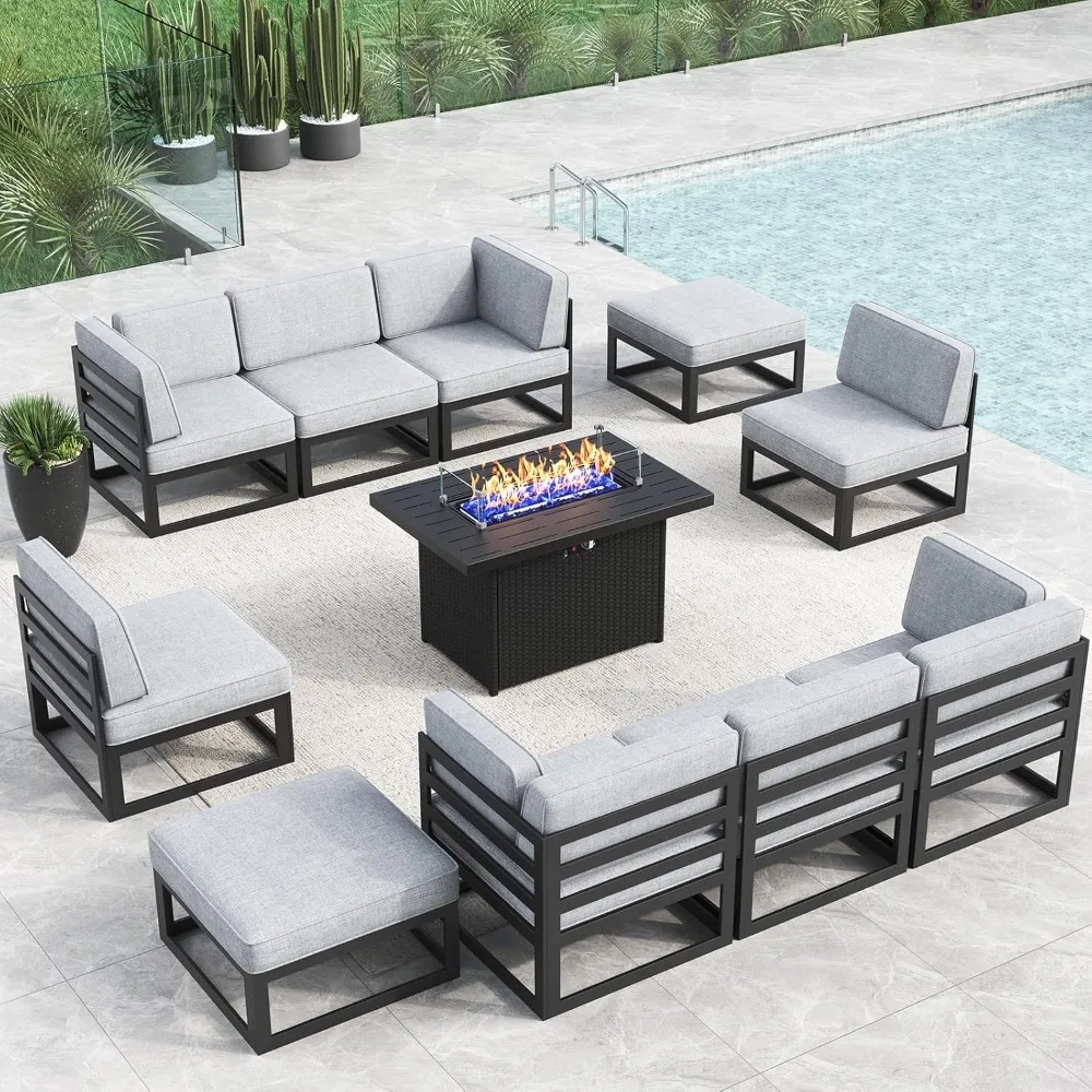 Patio Furniture Set with Fire Pit Table, Sectional Metal Sofa Set with Olefin Cushion,11 Pieces Modern Outdoor Conversation Set