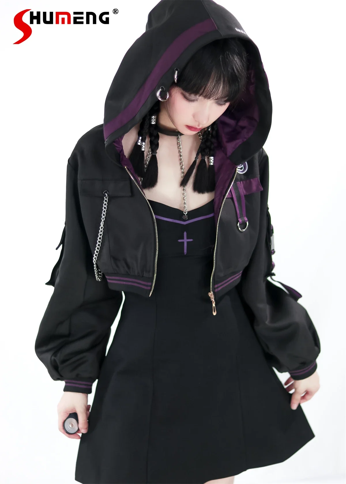 Japanese Style Mechanical Girl Dress Suit Original Sweet Cool Long Sleeve Hooded Jacket for Women Short Sling Dresses 2 Pieces