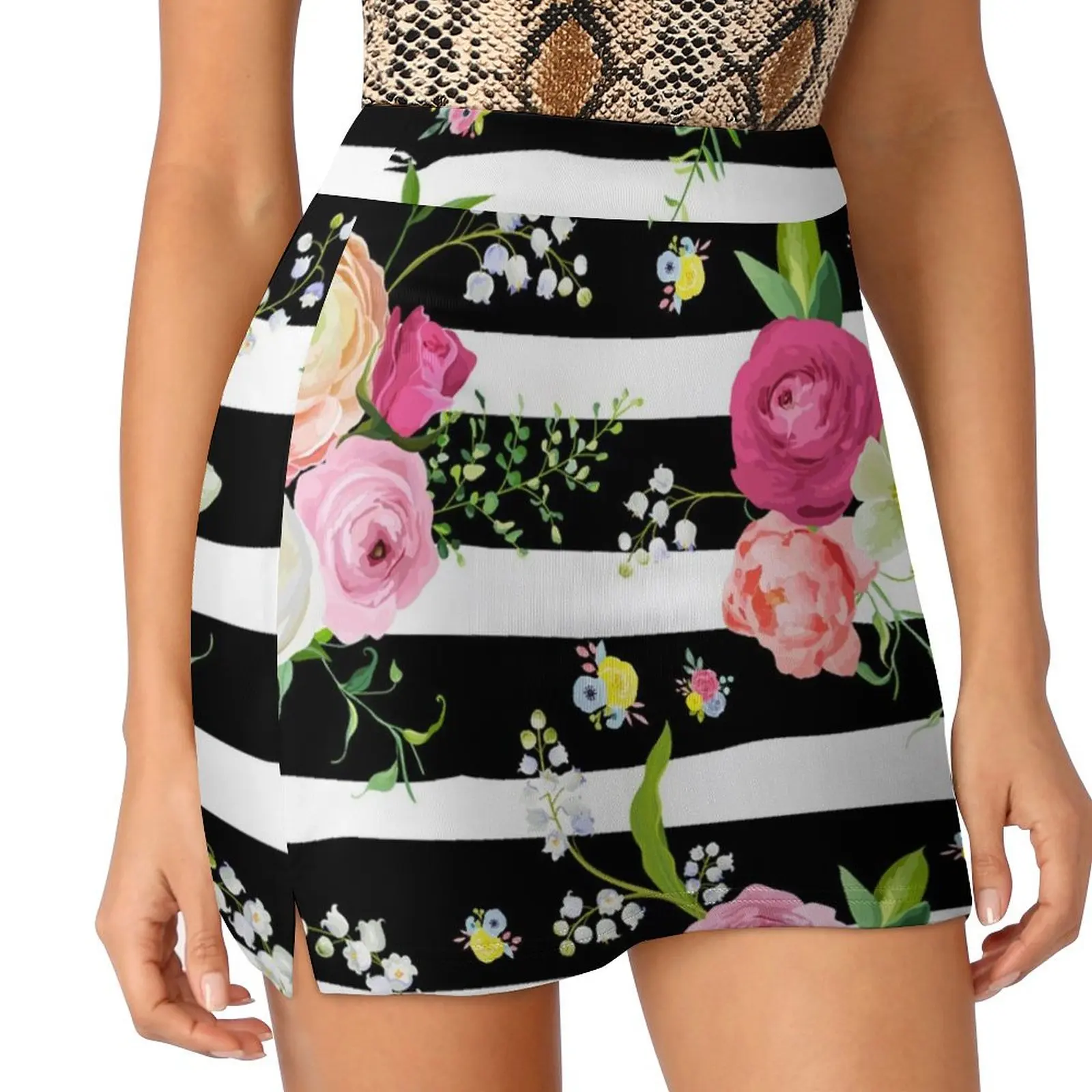 

Beautiful roses on a black and white striped background Mini Skirt skirt for women novelty in clothes