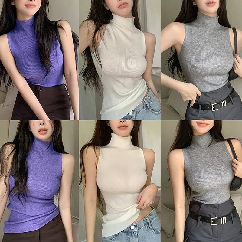 Summer Fashion Turtleneck Knitted Tank Top Women Solid Color Sleeveless Slim Camisole