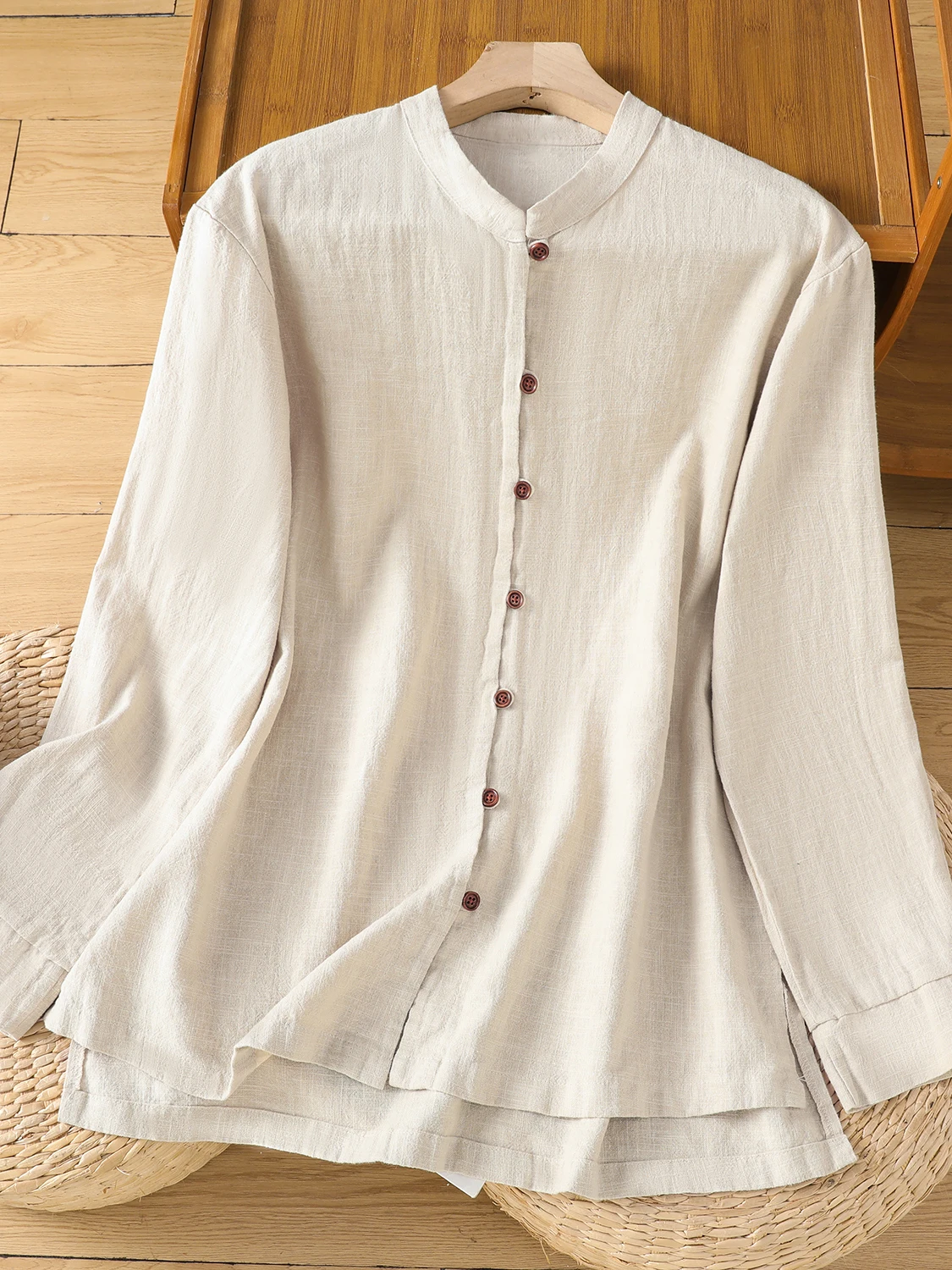 

Spring 2026 New Cotton Linen Zen Sle Long Sve Stand Collar Artistic Women's Outerwear Jaet Large Size irt Casual Com...