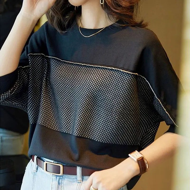 Summer Casual Batwing Sleeve Loose T-shirt Korean Solid Color Spliced Female Clothing Fashion Diamonds O-Neck Knitted Pullovers