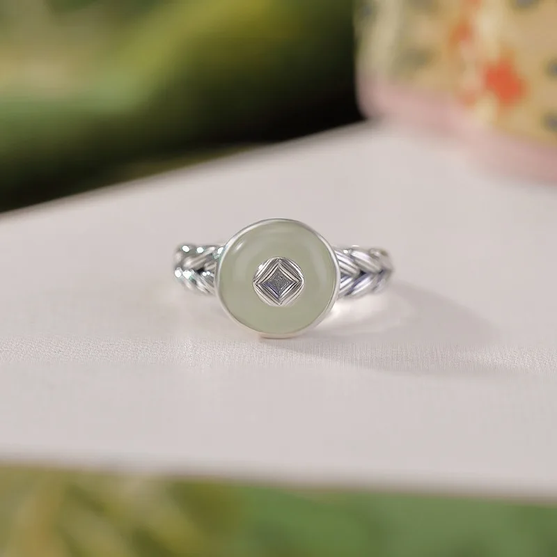 

TIMESWIND Light Green Natural Hetian Jade Safety Buckle S925 Wheat Women Open Ring with Certificate