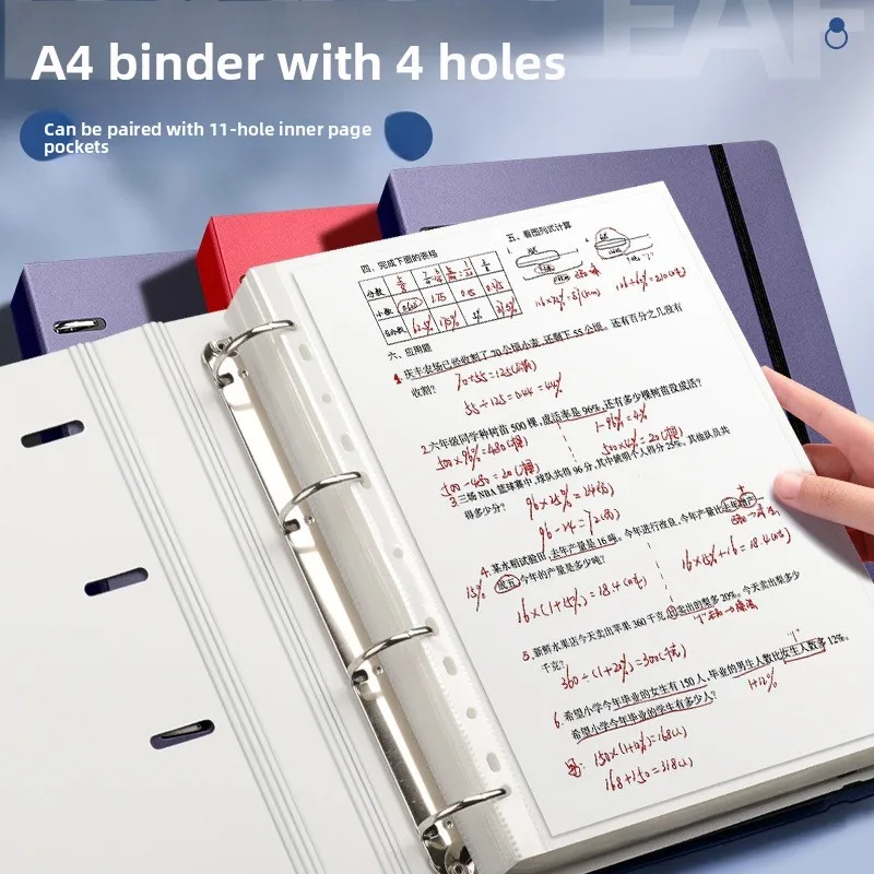A4 4-Ring Binder Folder with Punched Holes for Student Test Paper Storage Detachable Insert Pages