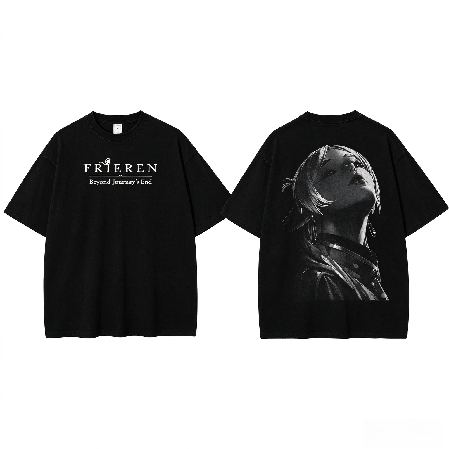 Monochrome Elf Lady Graphic T-shirt Unisex Black  Print Tee Manga Elf Character Art Casual Streetwear Summer Short Sleeve Top