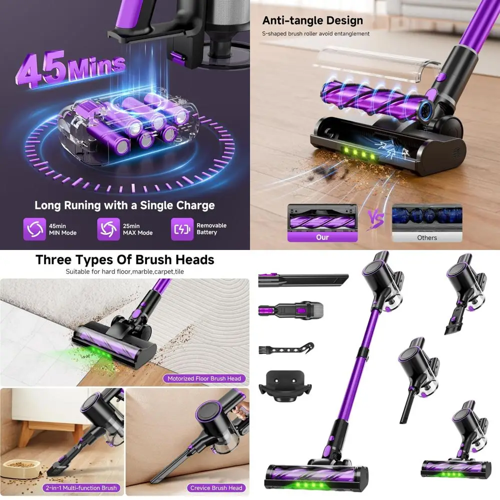Portable 500W 40Kpa Cordless Vacuum Cleaner with LED Display, Anti-Tangle, Wall Mount for Hard Floors and Pet Hair (Purple)