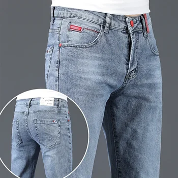 2024 New Men's Cotton Business Casual Skinny Jeans Trendy Fashionable Stretch Straight Slim Denim Trousers Male Blue Grey