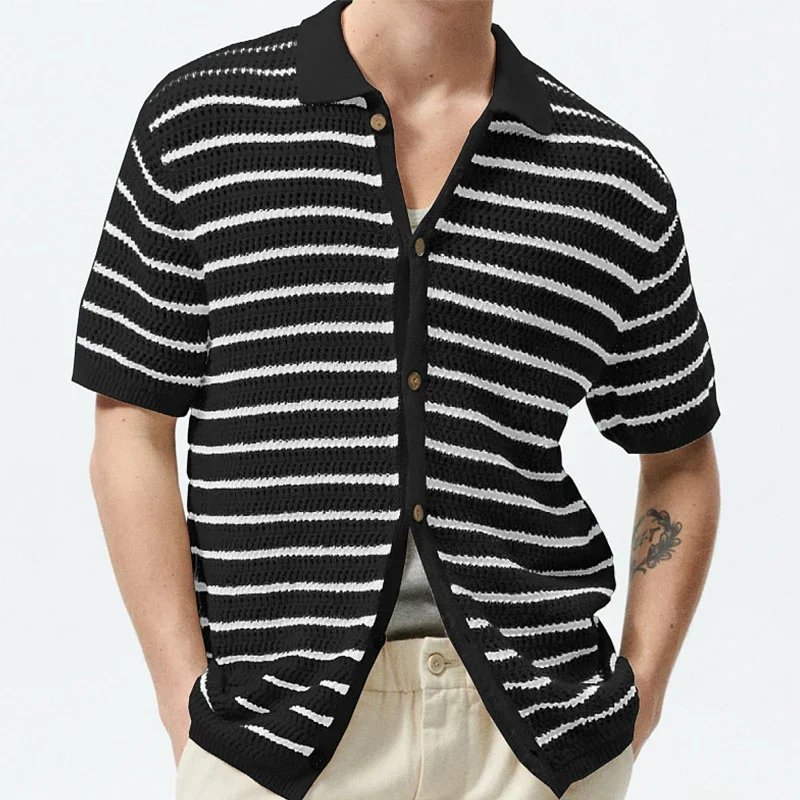 Luxury short sleeve polo for men, hollow out, striped, buttonhole, breathable knits, leisure, summer clothes