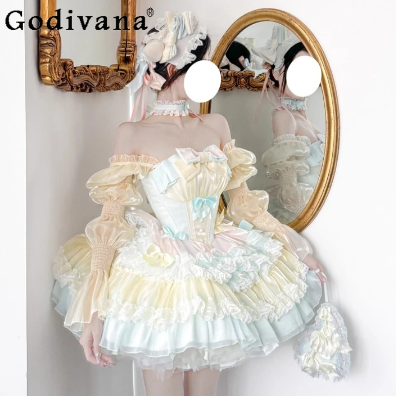 Süßes Lolita-Prinzessinnenkleid 2025, Herbst-Damen-Röhrenoberteil, Satinschleife, schmaler Pettiskirt, kurzes Mini-Partykleid, Ballett-Stil-Kleider