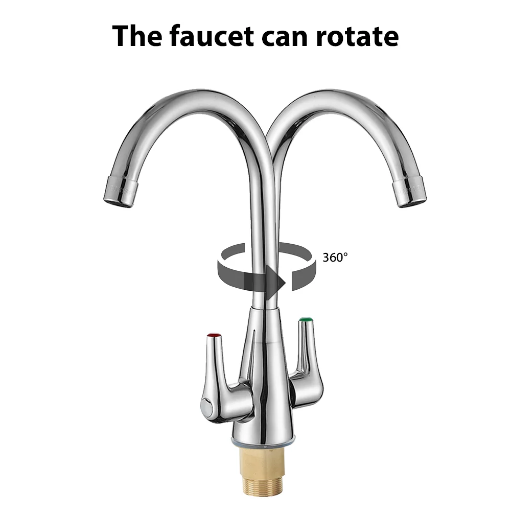 Robinet d'évier de cuisine à double levier, eau chaude et froide, robinet de centre commercial, bec à percussion à 360 °, filtre à coude avec tuyau d'entrée d'eau de 60cm