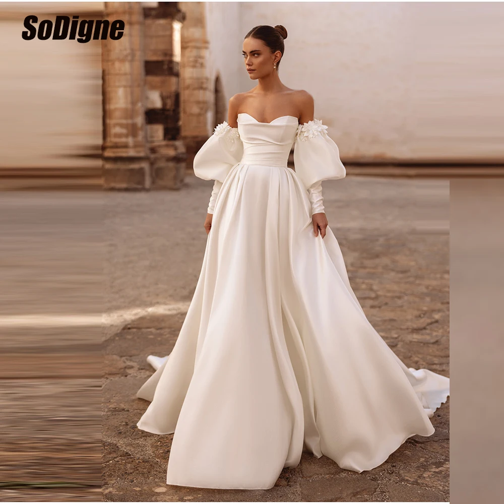 

﻿ SoDigne A-line Satin Wedding Dresses Detachable Sleeves Sweetheart Bridal Dress Beach Bride Gown vestidos de novia Customized
