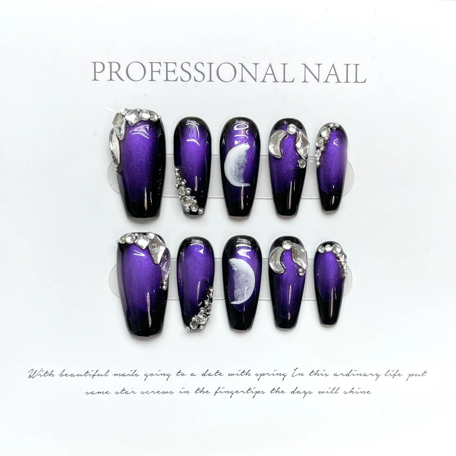 Hand-made False Nail Custom False Fingernail TIps Long Purple bling diamond Artificial Nails For Nail Salon