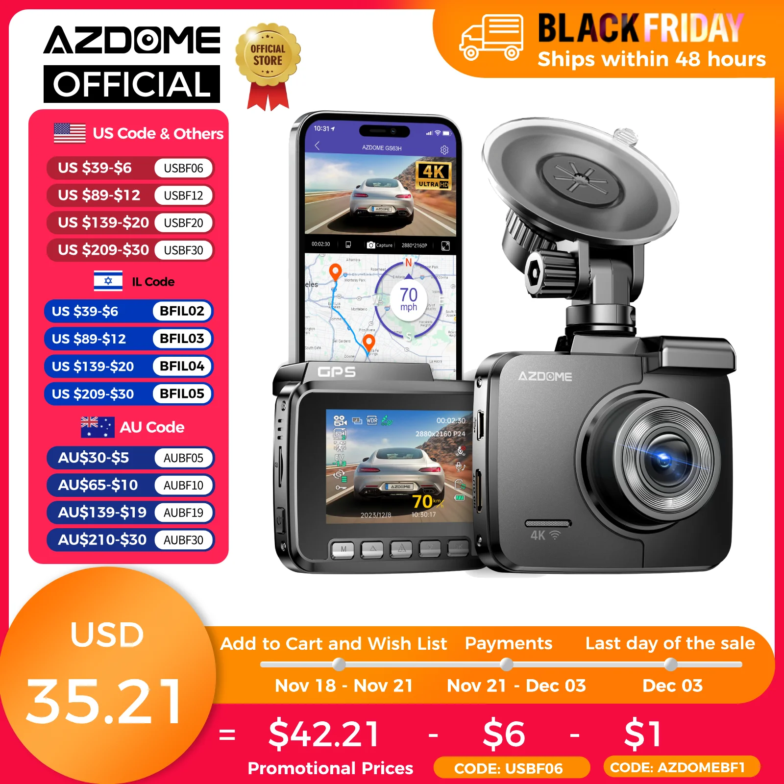 AZDOME Dash Cam GS63H 4K HD Dash Car Camera Night Vision WDR Car DVR Built-In GPS Wi-Fi G-Sensor Motion Detection