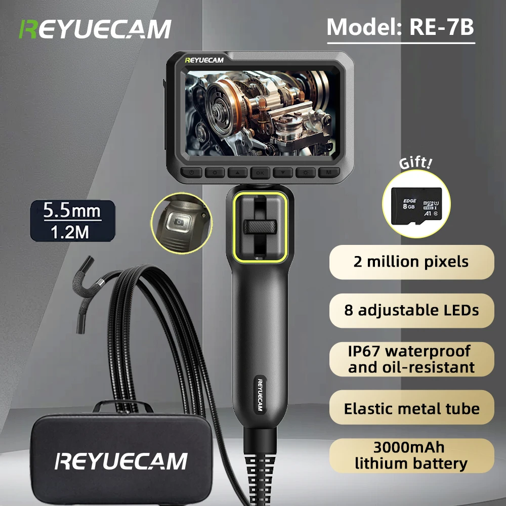 

REYUECAM RE-7B Industrial Endoscope, 210° Articulating Head, 5.5mm 1080P HD Borescope with 8 LED Lights, IP67 Waterproof