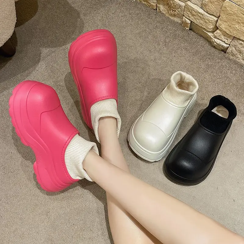 

Winter Waterproof Upper Warm Fur Women Slippers High Home Heel Cover Lovers Plush Shoes Solid Slip-on EVA Ladies Fluffy Slippers