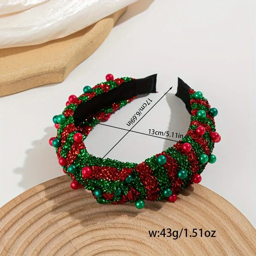 1 unidad de rayas de bloques de color de moda navideña con incrustaciones de perlas, diadema con temperamento brillante, accesorios para el cabello, fiesta y baile