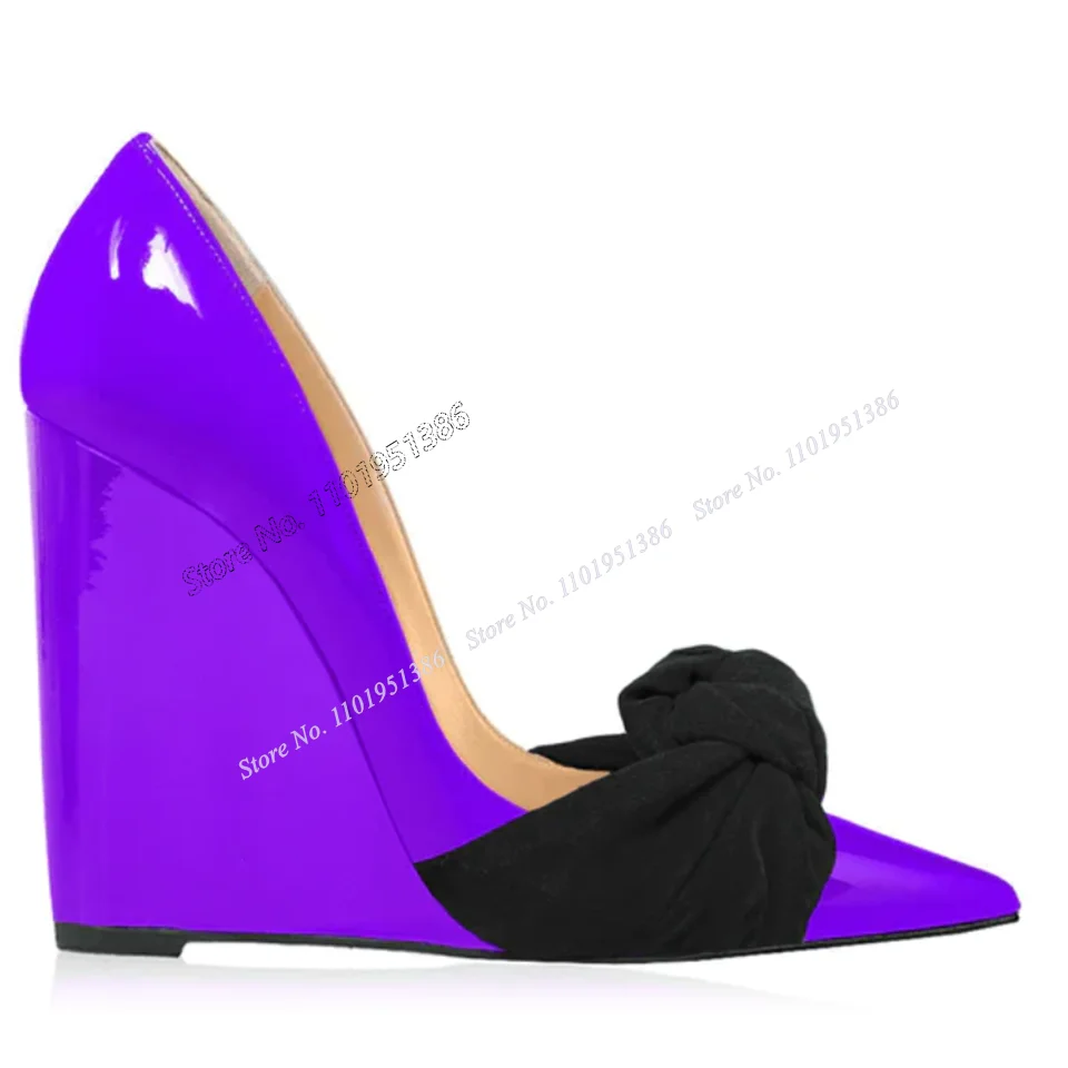 Pink Bow Knot Decor Pumps Wedges Heel Shallow Pumps Pointed Toe High Heels Patent Leather Women Shoes on Heels Zapatillas Mujer