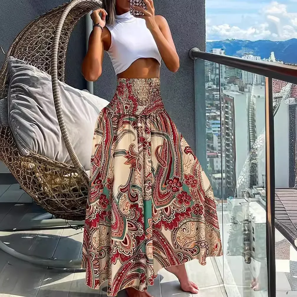 

Boho Print Skirts For Women 2024 Summer Casual Elastic High Waist A-line Big Swing Long Dress Vacation Beach Party Skirt Robe