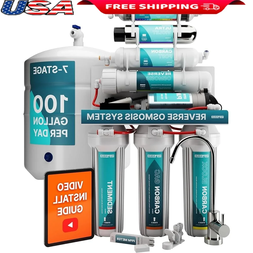 7-مرحلة القلوية الأشعة فوق البنفسجية تحت المغسلة نظام تصفية المياه بالتناضح العكسي 100 GPD مضخة معززة الترشيح صنبور جزء في المليون متر وشملت