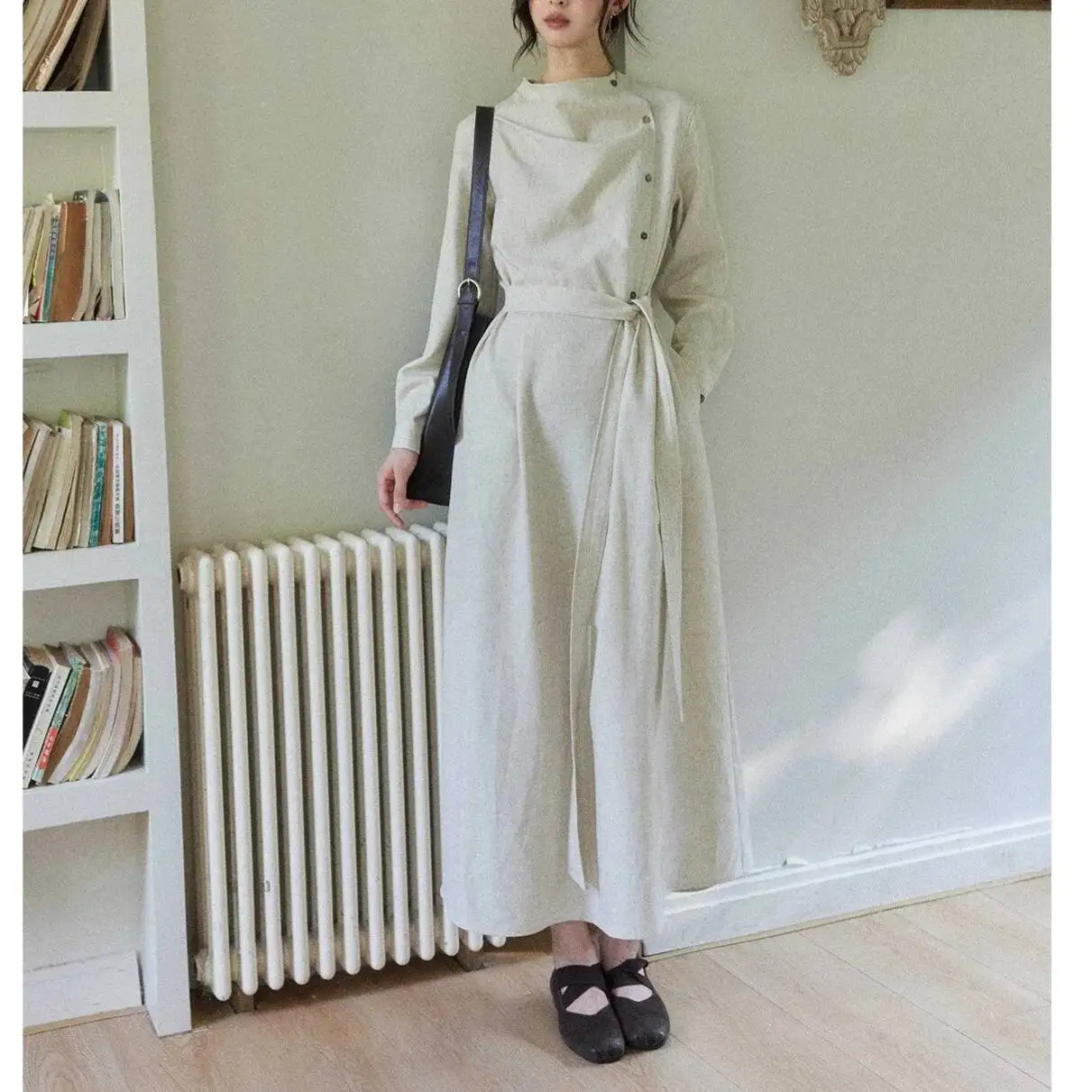 

Elegant Long Sleeve Linen Women's Intellectual Drapey Skirt High Waist Midi Dress Casual Style Autumn 2025